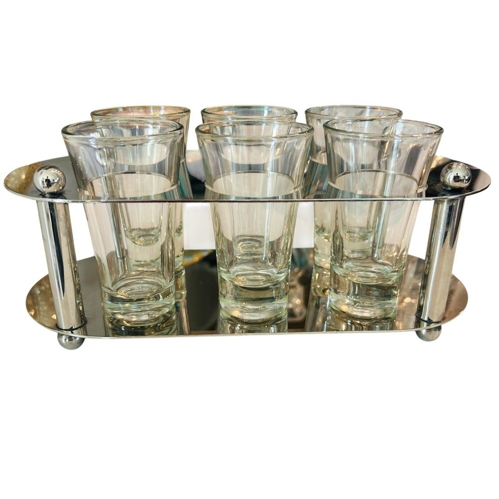 Vintage Mid Century Shot Glass Set w/ Silver Plate Caddy Tray Barware 6 Glasses